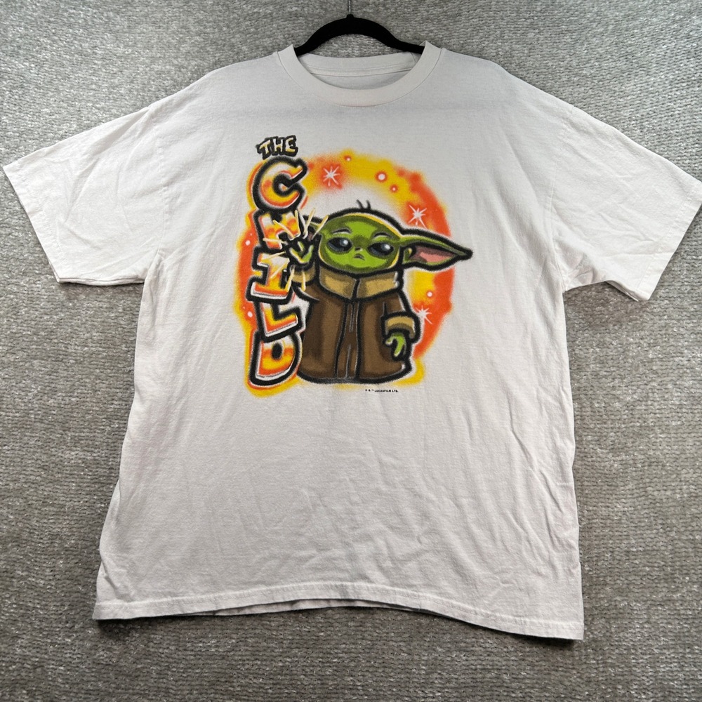 Star Wars The Child Baby Yoda Airbrush Graphic T-Shirt White Mens Large Grogu